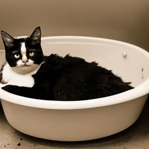 Prompt: a photograph of a cat inside a tub