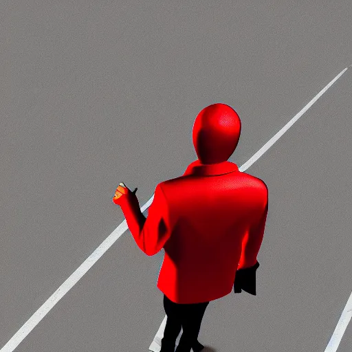 Image similar to isometric!!! view of a man with a red jacket from his behind. walking towards a red futuristic motorbike on a wide road. pencil drawing, photo realistic, hyper realistic, dramatic lighting, cyberpunk, ultra detailed, sharp focus, wide angle, digital illustration, trending on artstation