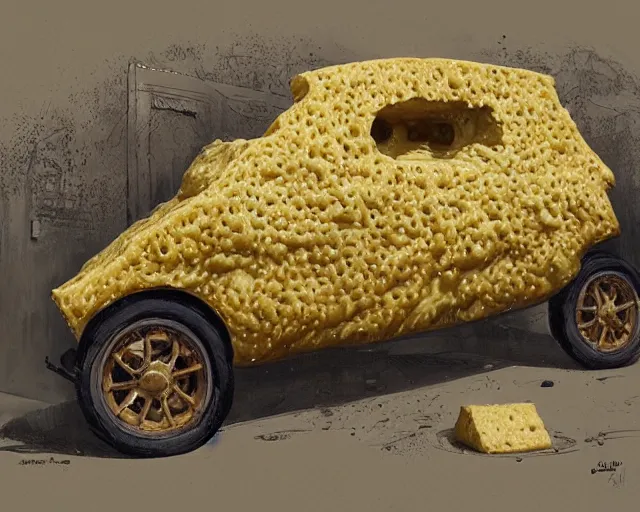 Image similar to a car made of cheese, many holes, made of cheese blocks, smooth, sharp details, concept art by joao ruas, highly detailed, hyperrealistic, artgerm, WLOP