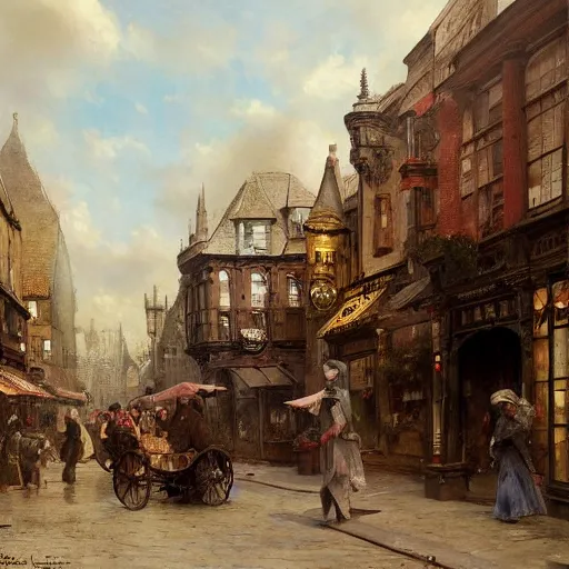 Image similar to jean-Baptiste Monge and Solomon Joseph Solomon and Richard Schmid and Jeremy Lipking victorian genre painting painting of an english 19th century english stone city streat with shops and stores