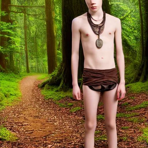 Image similar to a teenage boy, around 1 6 yo. iron necklace and sandals. natural brown hair. loincloth, pale skin. detailed face. ominous and eerie looking forest in background. natural colors. hyperrealistic photo.