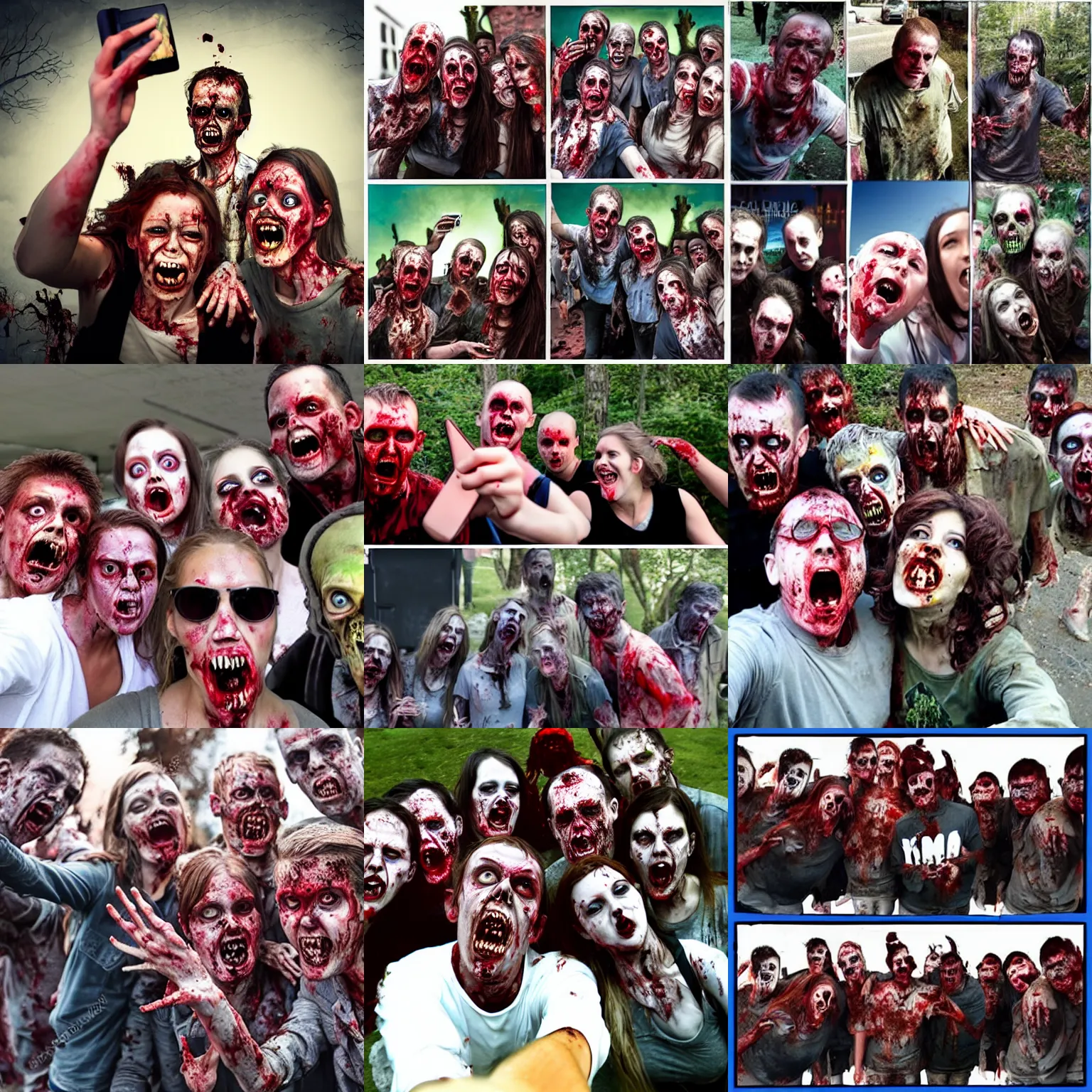 Prompt: Zombie making selfie with other zombies, realistic, award winning