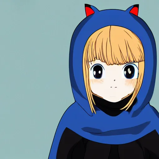 Image similar to a blonde girl in a black hoodie holding a blue shark stuffed animal, anime style digital art