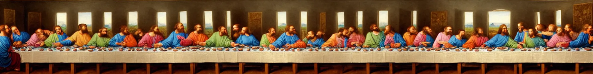 Image similar to the last supper for an extra large group of people, oil painting reproduction