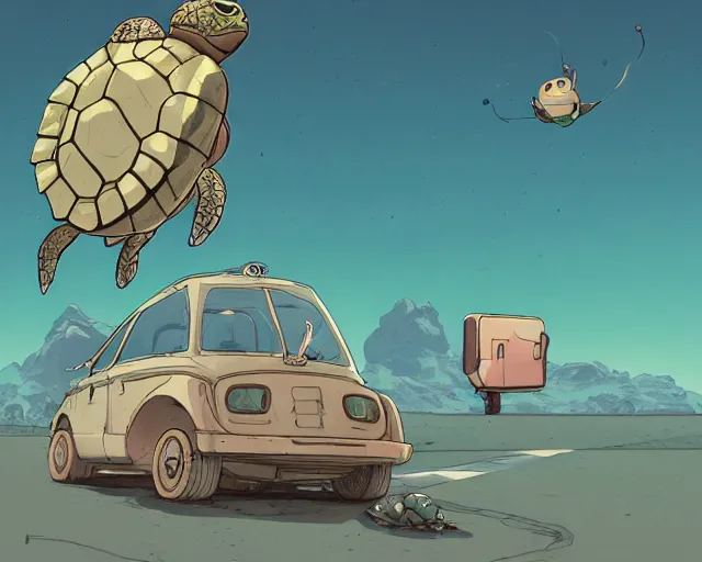 Prompt: a study of cell shaded cartoon turtle with a video camera for a head and 6 legs, on a desert road, illustration, wide shot, subtle colors, post grunge, concept art by josan gonzales and wlop, by james jean, victo ngai, highly detailed, sharp focus, trending on artstation, hq, deviantart, art by artgem