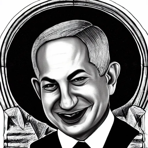 Image similar to Gothic portrait of Benjamin Netanyahu grinning in a dark office, black make up, detailed