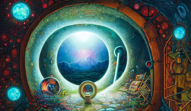 Prompt: Keyhole, Ultima Moongate, Wonderland Portal, mixed media, digitally painted by Dan Witz, Kilian Eng and Thomas Kinkade, centered, uncropped