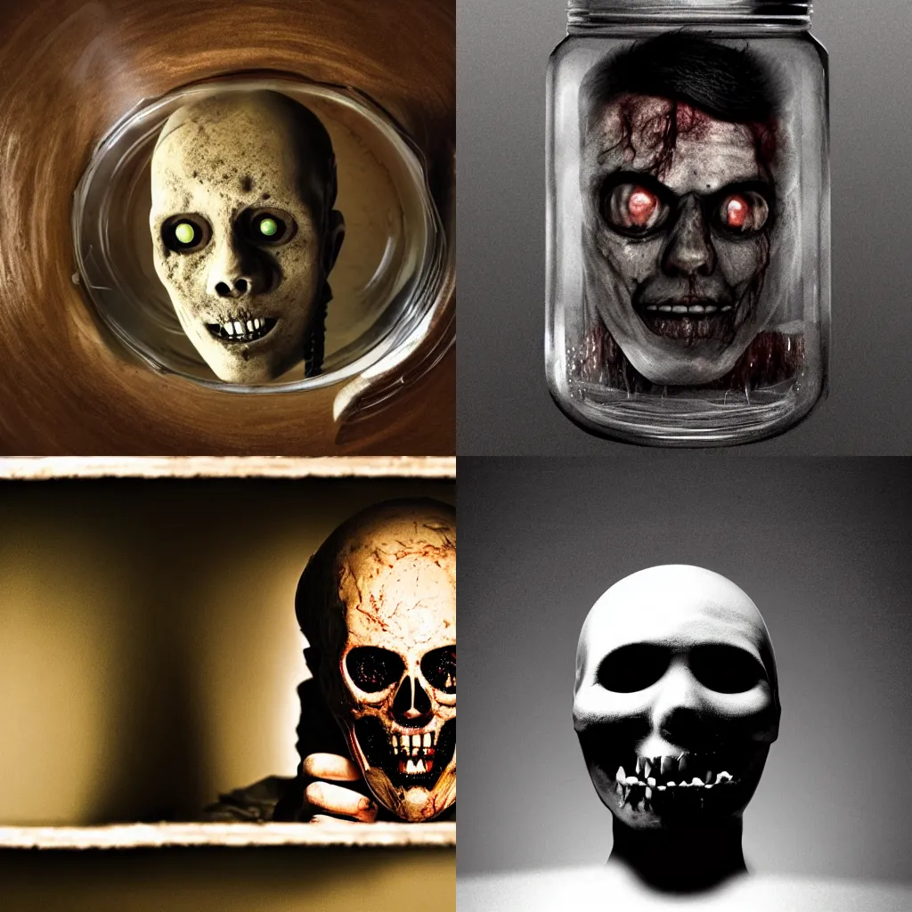 Prompt: A man\'s severed head floating inside of a jar of formaldehyde, horror movie, nightmare, high quality.