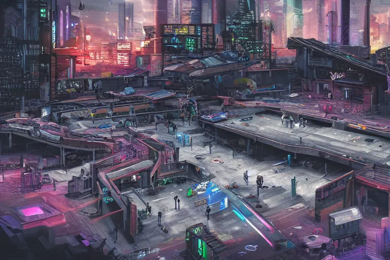 Prompt: cyberpunk skatepark set in a dystopian city, skateboards, digital art, highly detailed, 4 k