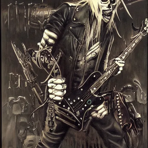 Image similar to a portrait of the grim reaper as a punk rocker, punk, skeleton face, mohawk, dark, fantasy, leather jackets, spiked collars, spiked wristbands, piercings, boots, guitars, motorcycles, ultrafine detailed painting by frank frazetta, detailed painting