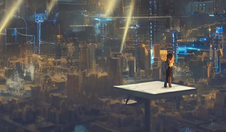 Image similar to group of people in simple warehouse, looking at hologram of futuristic city on a table, cinematic concept art, godrays, golden hour, natural sunlight, 4 k, clear details, tabletop model buildings, center model buildings, hologram center, crane shot, crane shot, crane shot