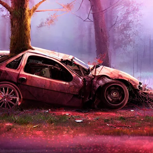 Prompt: a car destroyed by a tree, artstation, digital art, high quality, realistic