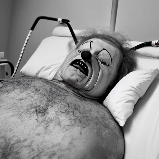 Image similar to delirious elderly clown supine in hospital bed, strapped into bed with restraints, trying to get out but unsuccessful, photograph, 8 k