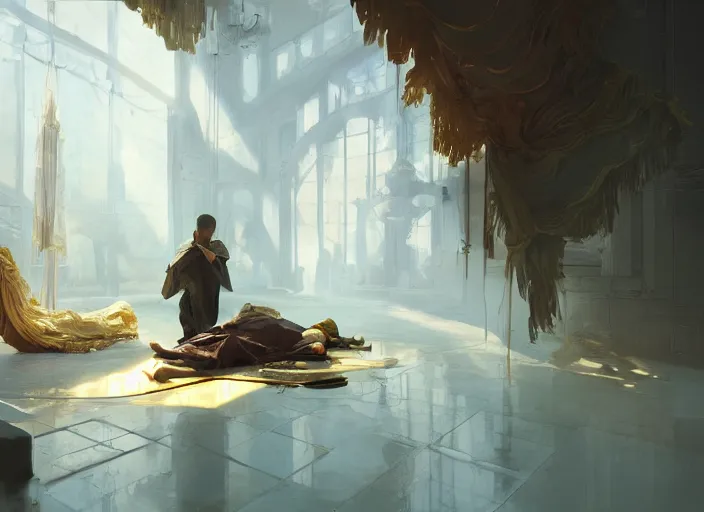 Prompt: the rich golden house and silhouette man lying on the floor alone around volumetric lighting, digital painting, highly detailed, artstation, sharp focus, illustration, concept art, ruan jia, steve mccurry, amazing composition