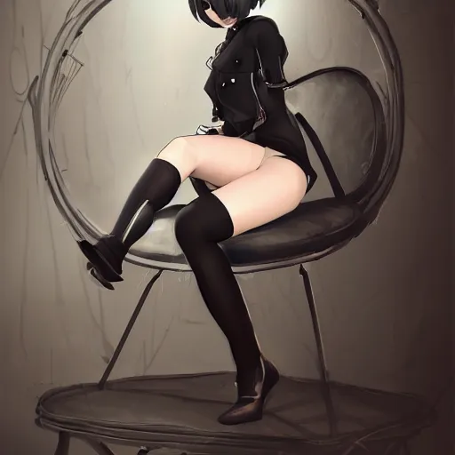 Image similar to a girl inspired from 2b from nier automata, sitting on a chair, 4k ultra realistic, trending on artstation concept, professional art