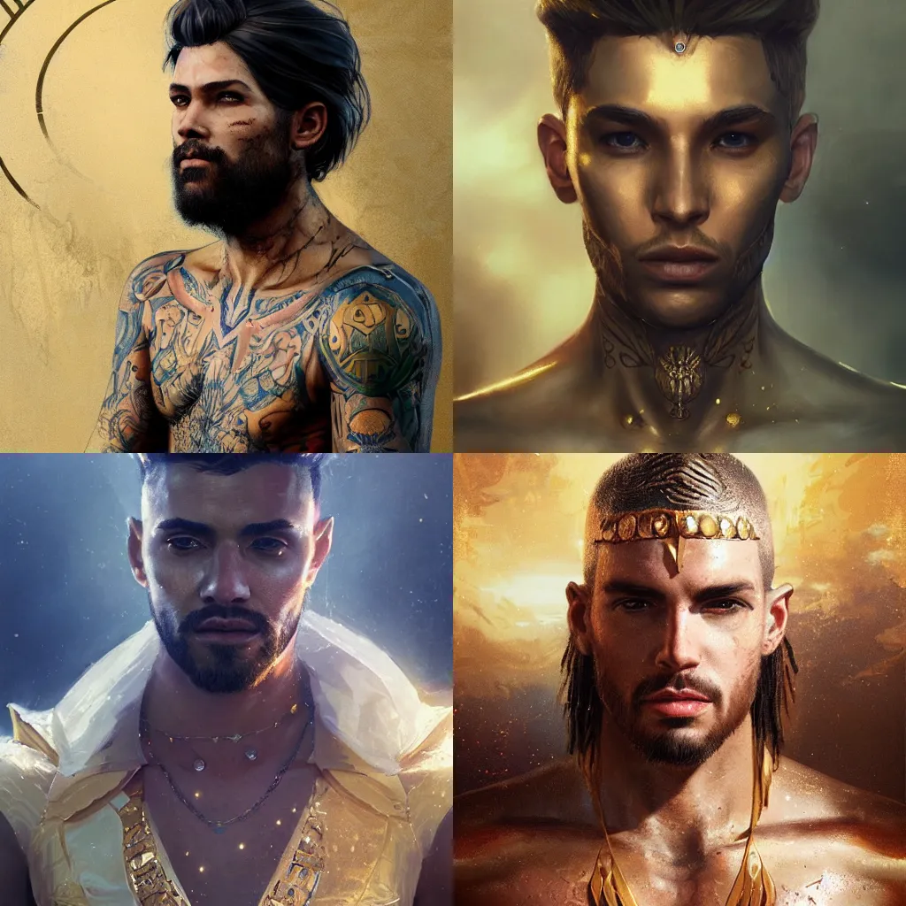 Prompt: a beautiful portrait of an Atlantis prince, gold-fabric, tattoos, by Greg Rutkowski and Raymond Swanland, Trending on Artstation, ultra realistic digital art