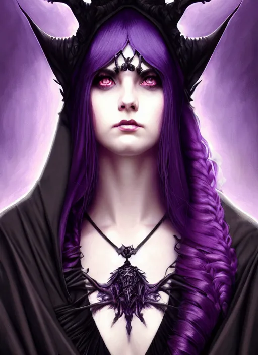 Image similar to symmetrical close up portrait dark witch, adventurer outfit large cloak, fantasy forest landscape, dragon scales, fantasy magic, undercut hairstyle, short purple black fade hair, dark light night, intricate, elegant, sharp focus, illustration, highly detailed, digital painting, concept art, matte, art by wlop and artgerm and greg rutkowski and alphonse mucha, masterpiece