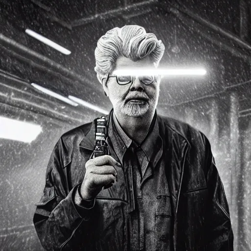 Prompt: george lucas as a cyborg in cyperpunk 2 0 7 7, promo material, movie still, cinematic, photorealistic, extreme detail, sharp focus, 8 k, rain, close up, anamorphic lens, lighting, dark, dystopian, cigarette,