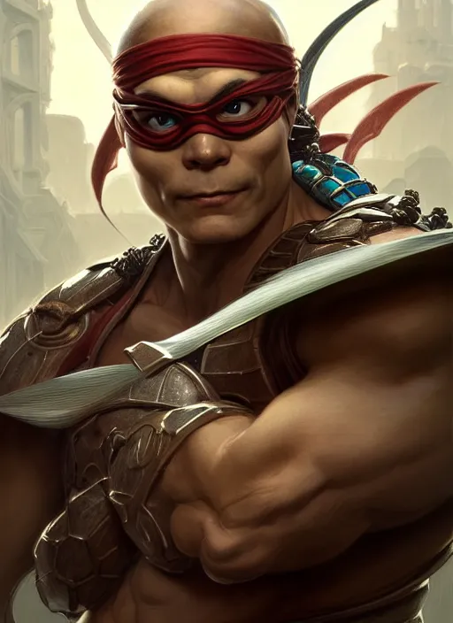 Image similar to Portrait of ninja turtle, D&D, muscular, fantasy, intricate, elegant, highly detailed, digital painting, artstation, concept art, smooth, sharp focus, illustration, art by artgerm and greg rutkowski and alphonse mucha