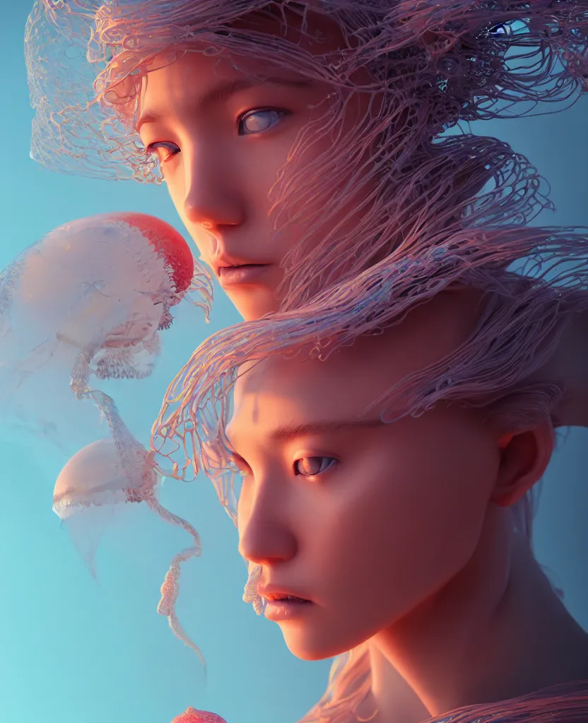 Image similar to goddess portrait. jellyfish phoenix head. intricate artwork by Tooth Wu and wlop and beeple. octane render, trending on artstation, greg rutkowski very coherent symmetrical artwork. cinematic, hyper realism, high detail, octane render, 8k