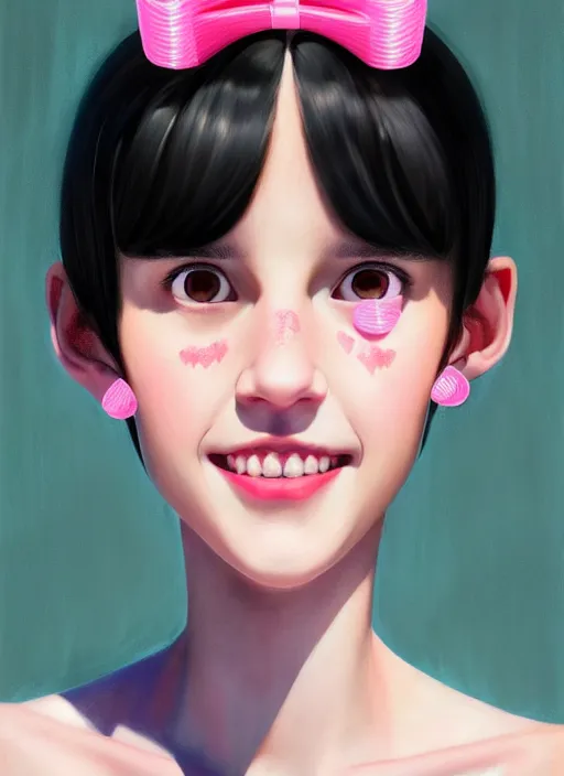 Image similar to portrait of high school girl, realistic, black hair, bangs, half updo hairstyle, pointy nose, skinny, smile, ugly, defined jawline, big chin, pink hair bow, earrings, intricate, elegant, glowing lights, highly detailed, digital painting, artstation, sharp focus, illustration, art by wlop, mars ravelo and greg rutkowski