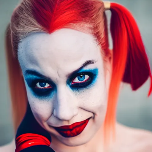 Image similar to portrait photo still of real life harley quinn, 8 k, 8 5 mm f 1. 8