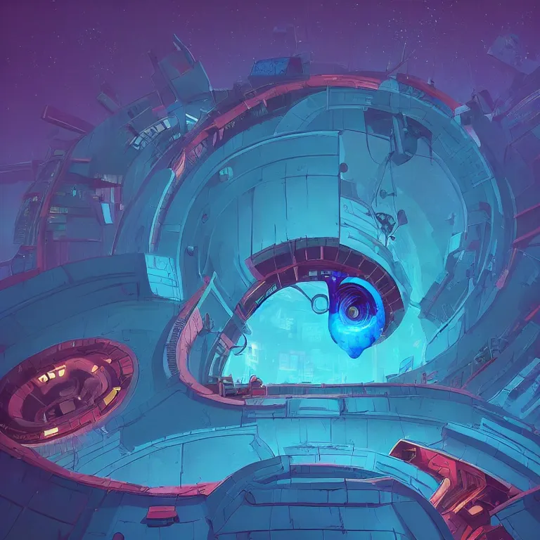 Image similar to a circle!! spiral!! portal!!! structure floating in space!!, cyberpunk, epic surrealism, indigo, purple, bright red, cyan, detailed digital matte painting in the style of simon stalenhag and painting by ralph mcquarrie