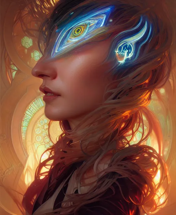 Image similar to a whirlwind of souls ushing inside the metaverse, half body, glowin eyes, d d, fantasy, intricate, elegant, highly detailed, colorful, vivid color, digital painting, artstation, concept art, art by artgerm and greg rutkowski and alphonse mucha and ruan jia