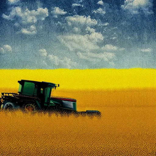 Prompt: “combine harvester in yellow field, cyberpunk, digital art”