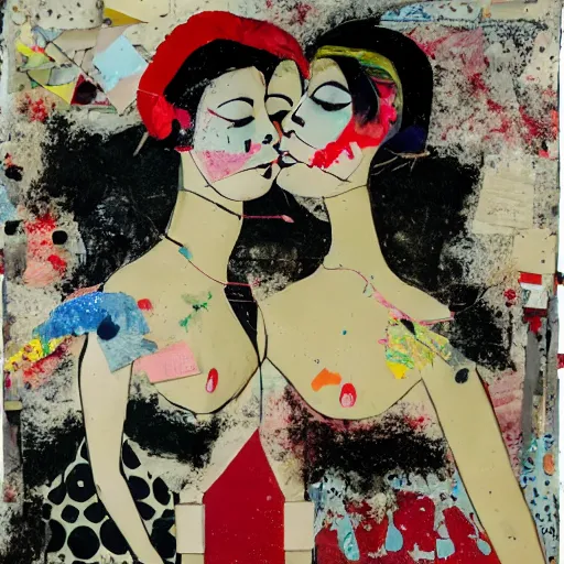 Image similar to two women kissing at a carnival in tokyo, mixed media collage, retro, paper collage, magazine collage, acrylic paint splatters, bauhaus, claymation, layered paper art, sapphic visual poetry expressing the utmost of desires by jackson pollock