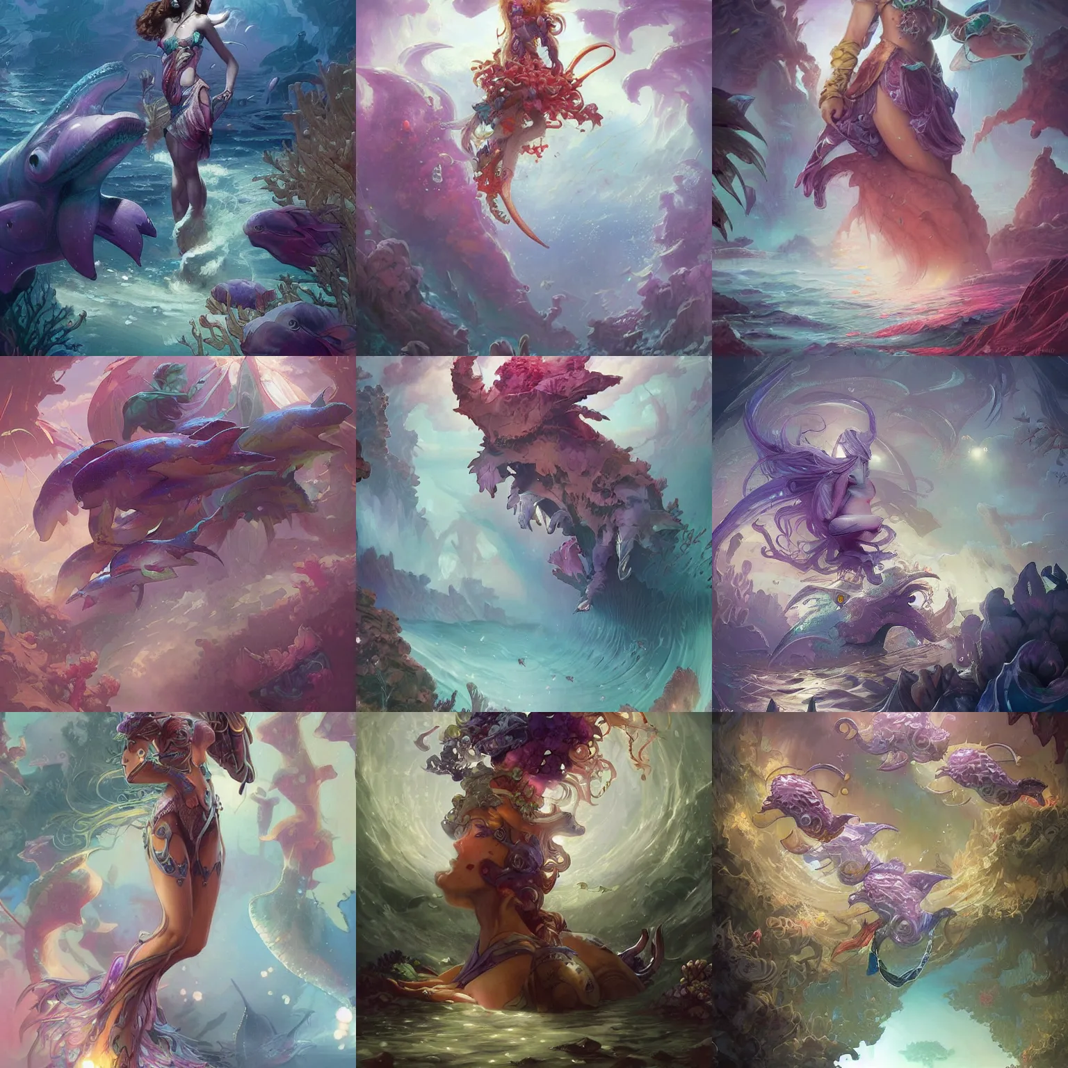 Prompt: a coral reef filled withpurple dolphins in the style of peter mohrbacher, fantasy, intricate, elegant, highly detailed, digital painting, artstation, concept art, smooth, sharp focus, illustration, art by artgerm and greg rutkowski and alphonse mucha