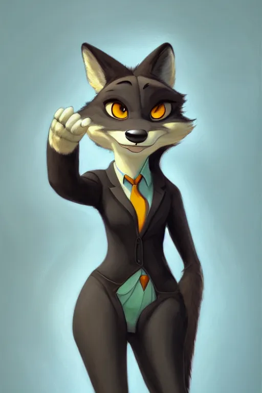 Image similar to oil painting of anthromorphic female wolf, in style of zootopia, female fursona, furry, furaffinity, 4 k, deviantart, furry art, fursona art, wearing black business suit, business suit, wolf fursona, female, smug expression,