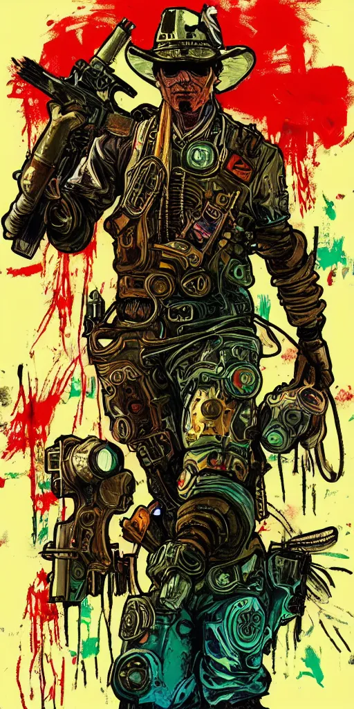 Prompt: biopunk cowboy from fallout new vegas, portrait illustration, pop art, splash painting, art by andy warhol, rodney ripps, alphonse mucha, federico fellini,