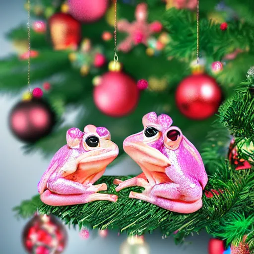 Prompt: highly detailed pink frogs being cooked in a pot beneath a christmas tree, realistic,