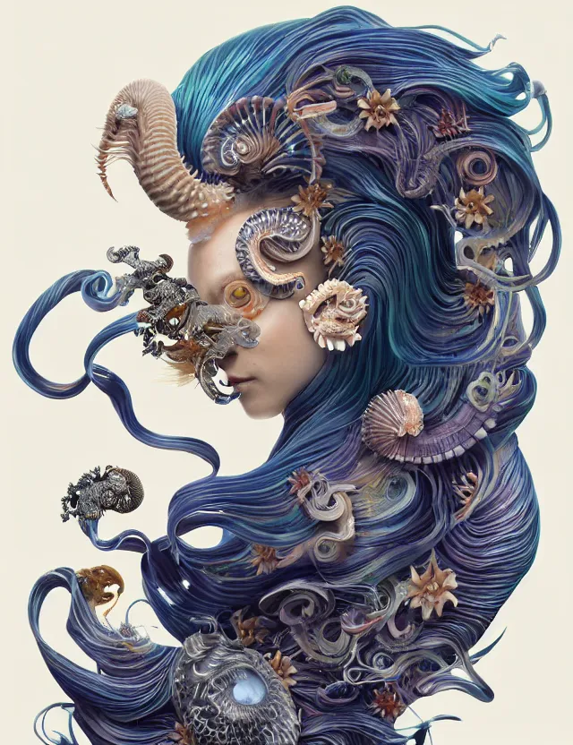 Image similar to 3 d goddess nautilus half - turn portrait with long hair with ram skull. beautiful intricately detailed japanese crow kitsune mask and clasical japanese kimono. betta fish, jellyfish phoenix, bio luminescent, plasma, ice, water, wind, creature, artwork by tooth wu and wlop and beeple and greg rutkowski