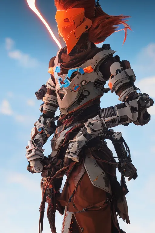 Image similar to combination suit armor aloy horizon forbidden west horizon zero dawn robot ninja mask helmet backpack tribal, aesthetic octane render, 8 k hd resolution, by ilya kuvshinov and cushart krentz and gilleard james radiating a glowing aura cgi rtx 2 0 2 2