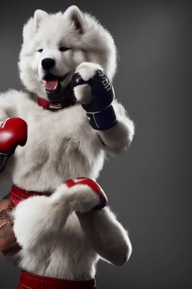 Prompt: samoyed dog head on a human body as a muay thai kickboxer, gloves on hands, world championship fight, photorealistic, cinematic lighting, film still