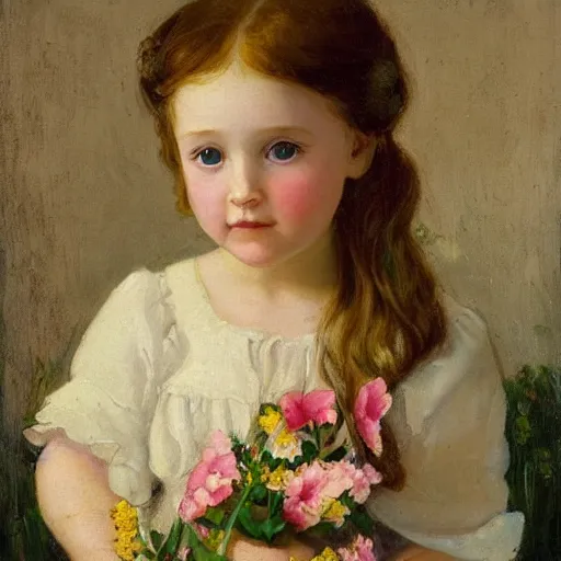 Image similar to A little beautiful girl with flowers in her hand, Anderson, Sophie