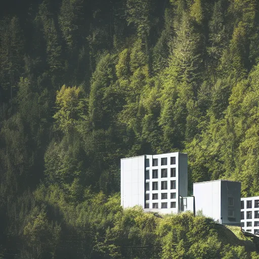 Prompt: sci fi nuclear containment buildings in a steep sided valley with trees and small office buildings, a sense of hope and optimism, birds overhead, stark light, day time, unsplash, national geographic, hd, high res