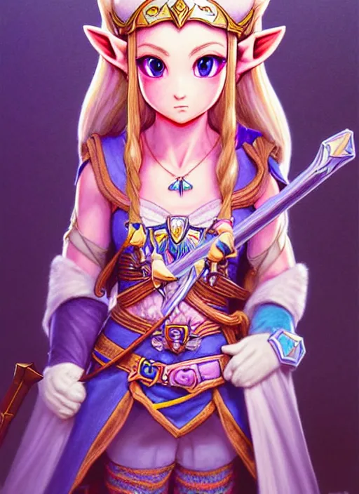 Image similar to princess zelda in dwarf fortress, beautiful shadowing, 3 d shadowing, reflective surfaces, illustrated completely, 8 k beautifully detailed pencil illustration, extremely hyper - detailed pencil illustration, intricate, epic composition, very very kawaii, masterpiece, bold complimentary colors. stunning masterfully illustrated by artgerm and range murata.