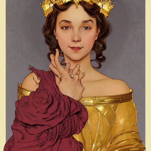 Image similar to left side portrait of a young queen with a golden crown, head only, headshot, royalty, surrounded by gold leaves by Stanley Artgerm Lau , greg rutkowski, thomas kindkade, alphonse mucha, loish, norman rockwell, J. C. Leyendecker. dark brown hair, mouth slightly open, thorn border around the image. D&D, fantasy. Trending on artstation rule of thirds extremely detailed render, extremely realistic, detailed lighting, octane hd 4k