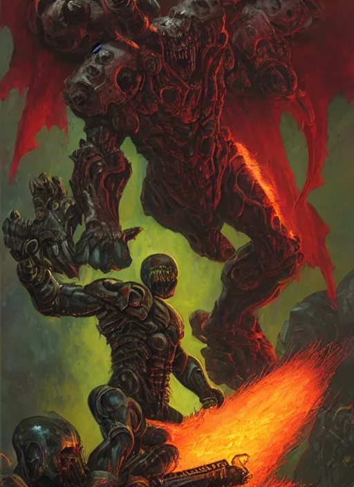 Prompt: ( doom ) box cover featuring hellknight by kenneth scott