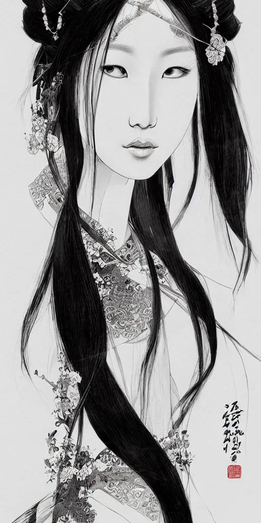 Image similar to ancient chinese princess, elegant, long black hair, highly detailed, ink painting, artstation, concept art, art by wlop