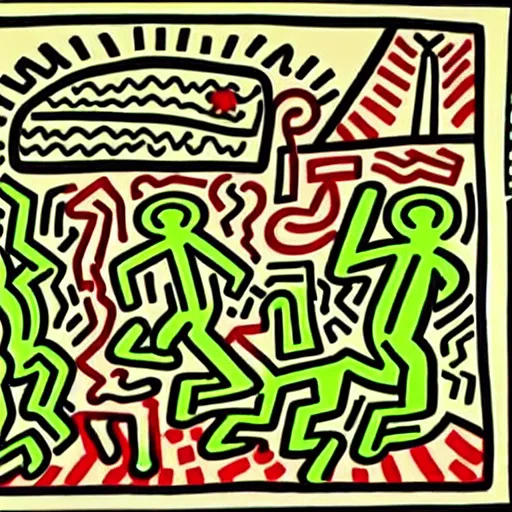 Image similar to garden of early delights painted by keith haring