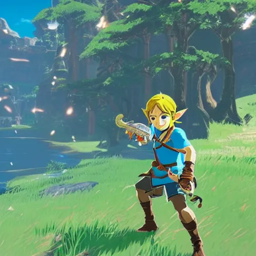 Image similar to a screencap of the legend of zelda breath of the wild, of luffy in breath of the wild