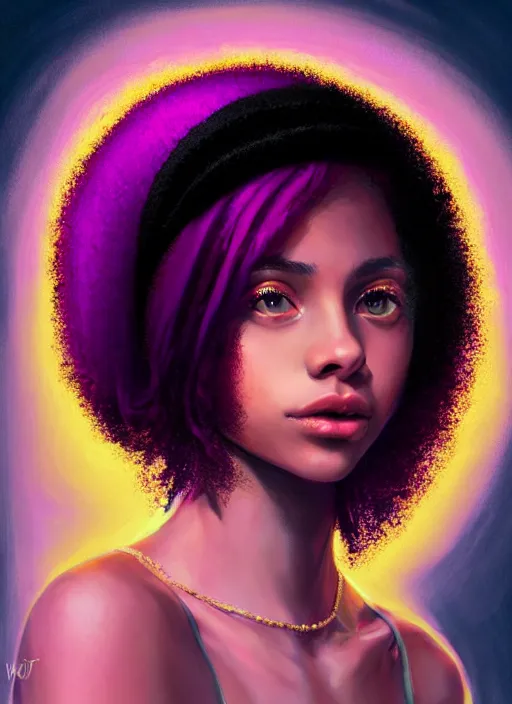 Image similar to portrait of teenage vanessa morgan with bright pink hair, black girl, curly pixie cut hair, wearing a purple breton cap, breton cap, hoop earrings, intricate, elegant, glowing lights, highly detailed, digital painting, artstation, concept art, smooth, sharp focus, illustration, art by wlop, mars ravelo and greg rutkowski