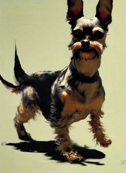 Image similar to tan schnauzer chihuahua mix, enraged, painting by phil hale, 'action lines'!!!, graphic style, visible brushstrokes, motion blur, blurry