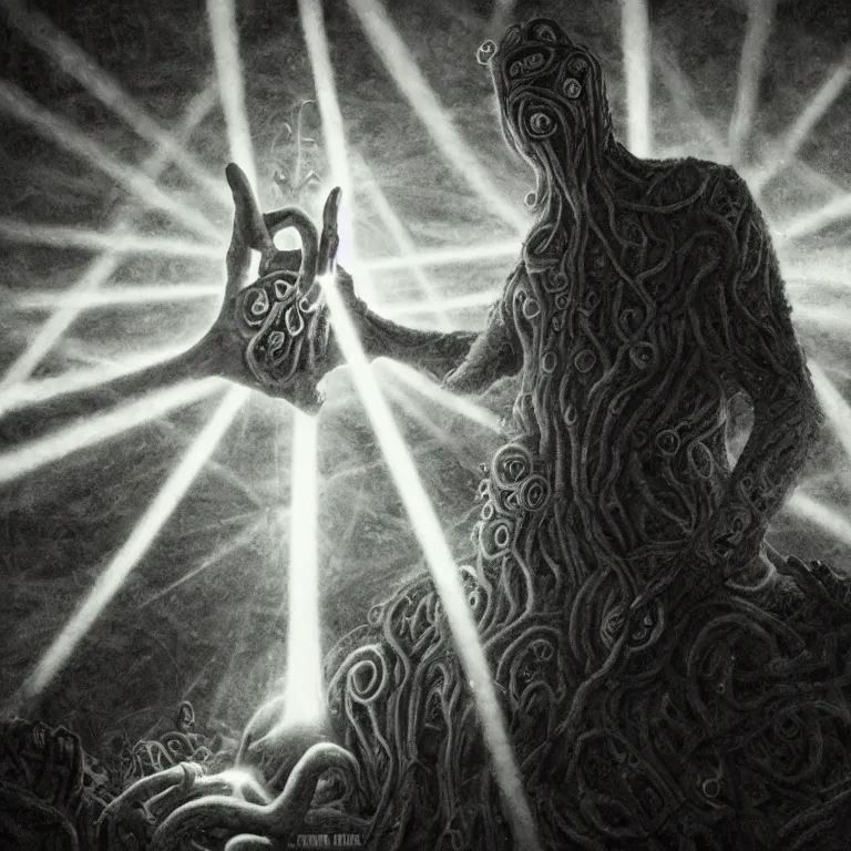 Image similar to lovecraftian jerma surrounded by beams of light dark background by wayne barlow, stanley donwood, anton semenov, zdzislaw bekinski, 8 k, fantasy, dark