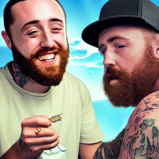 Image similar to a ultra detail picture portrait of Mac Miller and Jesus smoking a joint in heaven, 8k, photorealistic