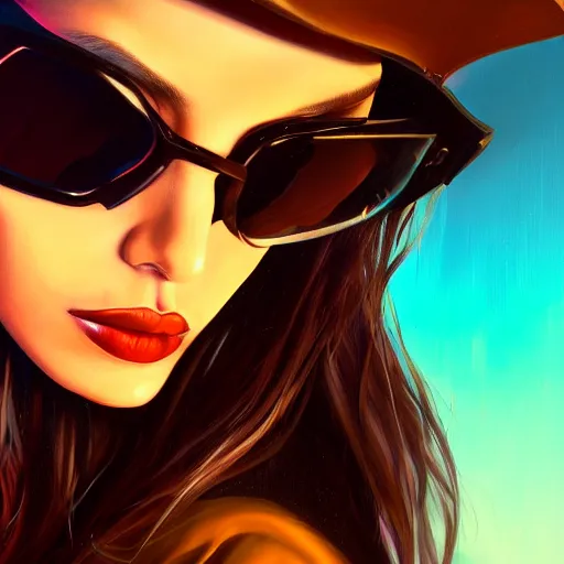 Image similar to closeup painting of a very beautiful young mexican cyberpunk woman with a smirk, wearing light blue shutter shades and a dark brown leather jacket, one side haircut, brown hair, portrait, hyperdetailed, artstation, cgsociety, 8 k, synthwave by tangerine dream